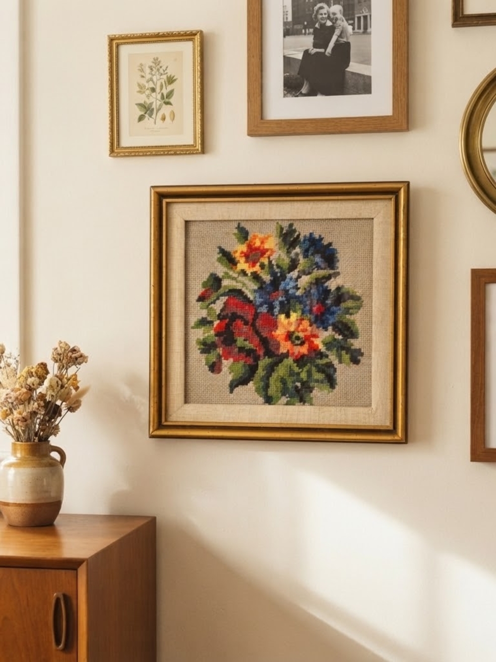 Vintage Floral Needlepoint Wall Art Retro Cottagecore Botanical Tapestry Decor